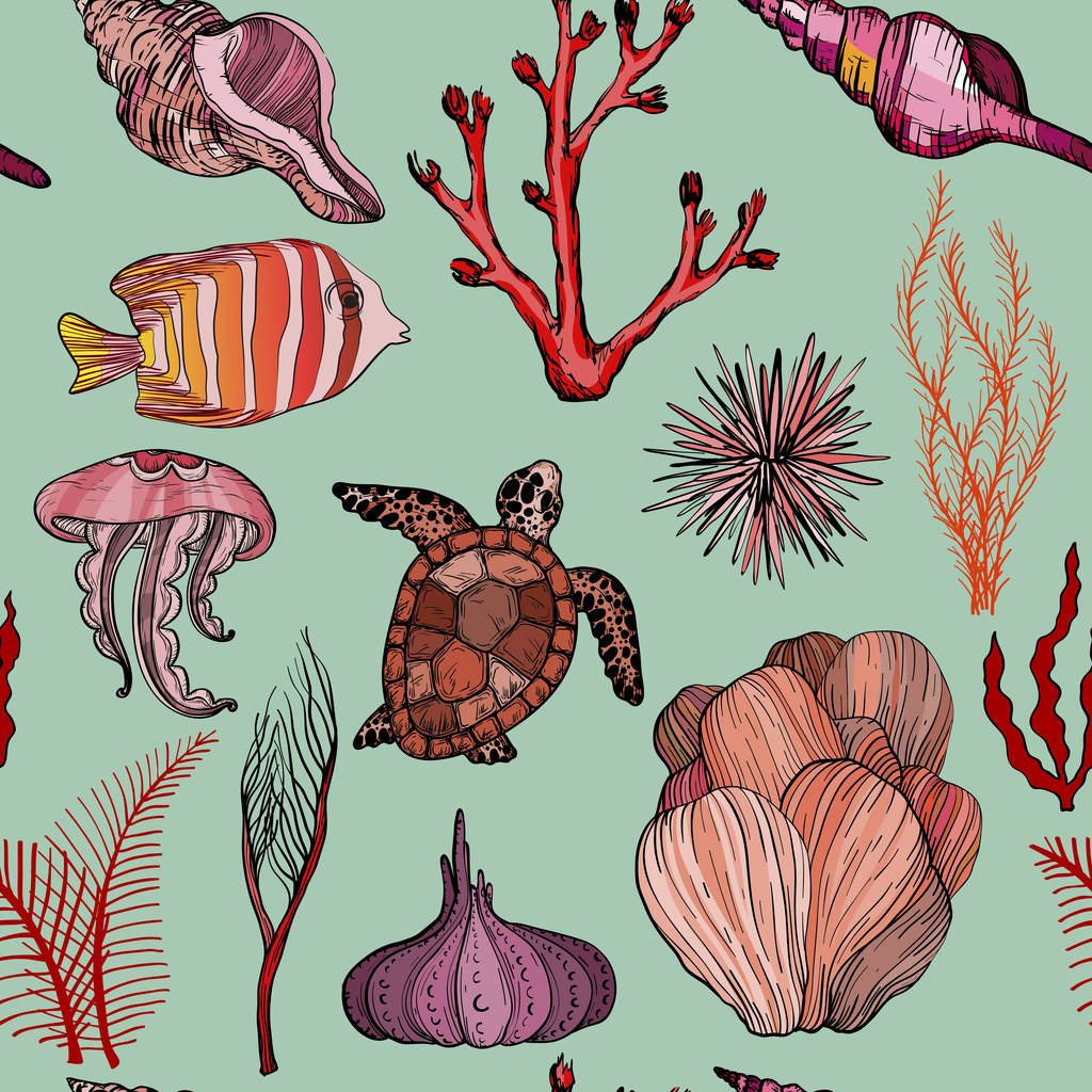 Varrat nélküli mintát tengeri kézzel rajzolt korallok és a tengeri élet. - Vektor, kép