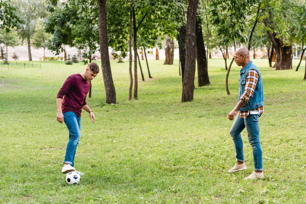 wielokulturowym przyjaciółmi gry w piłkę nożną na zielonej trawie w parku - Zdjęcie, obraz