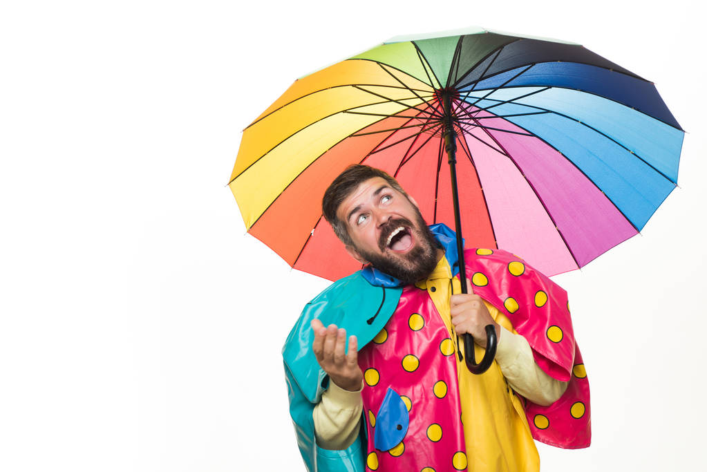 Νεαρός ελκυστική σε αδιάβροχο κάτω από χρωματισμένη ομπρέλα είναι αυτός προσπαθεί να δει αν υπάρχει βροχή. Βάναυση γενειοφόρος άνδρας με ουράνιο τόξο-χρωματισμένα ομπρέλα που απομονώνονται σε λευκό φόντο. Βρέχει έννοια. - Φωτογραφία, εικόνα