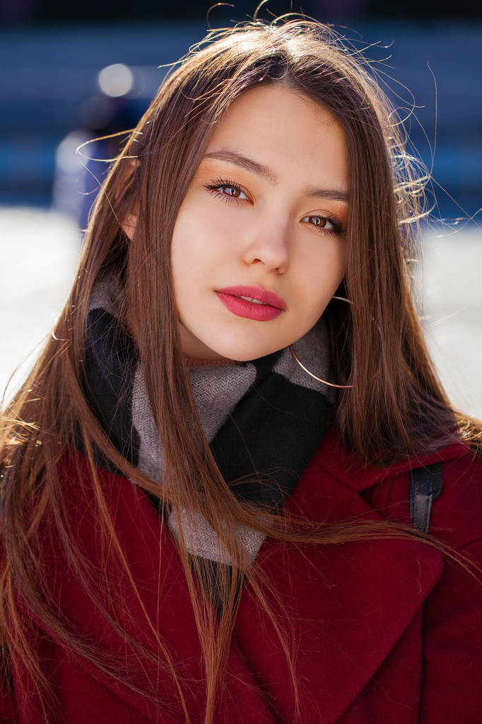 Μελαχρινή όμορφη νεαρή γυναίκα με κόκκινο παλτό που ποζάρει στο χειμερινό πάρκο - Φωτογραφία, εικόνα