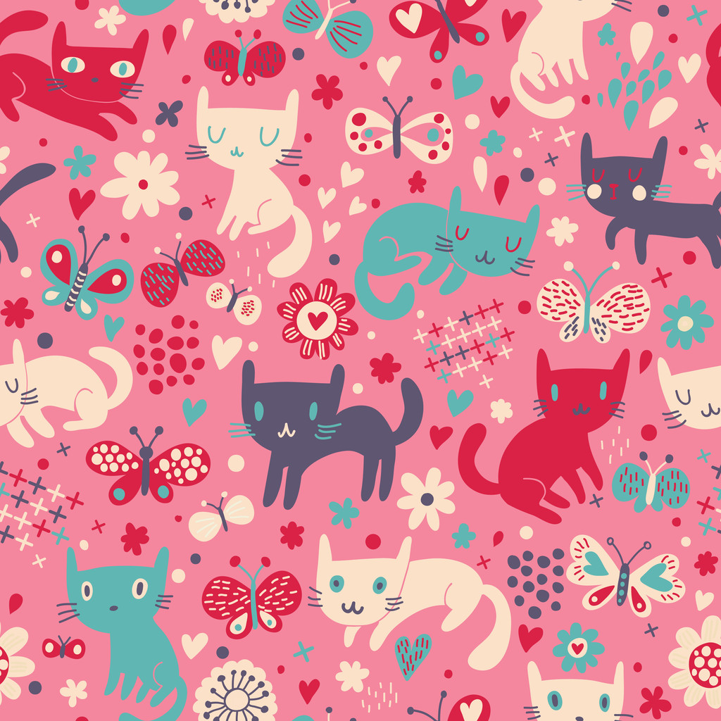 Gatos graciosos. Dibujos animados patrón sin costura para los niños de fondo. Fondo de pantalla colorido con gatos, mariposas y flores
 - Vector, Imagen