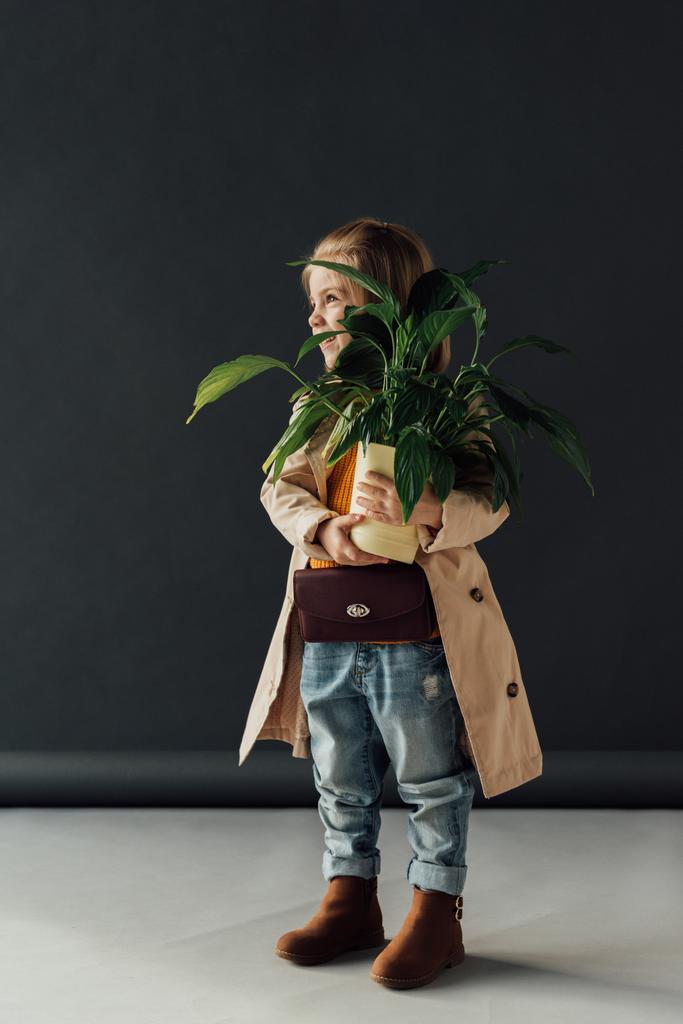  lindo niño en gabardina y jeans sosteniendo planta en maceta sobre fondo negro
 - Foto, imagen