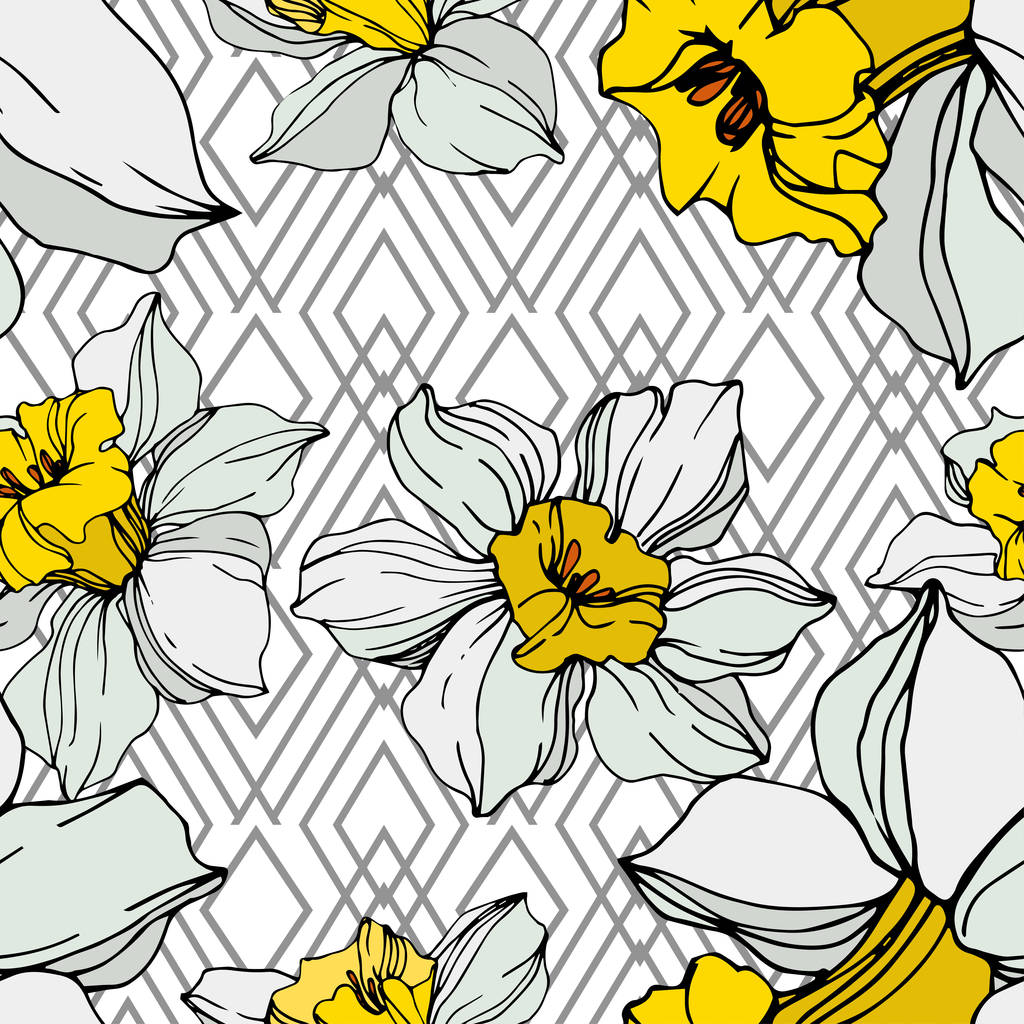 Vector blanco y amarillo narciso flores con hojas verdes. Tinta grabada sobre fondo blanco. Patrón de fondo sin costuras
.  - Vector, Imagen