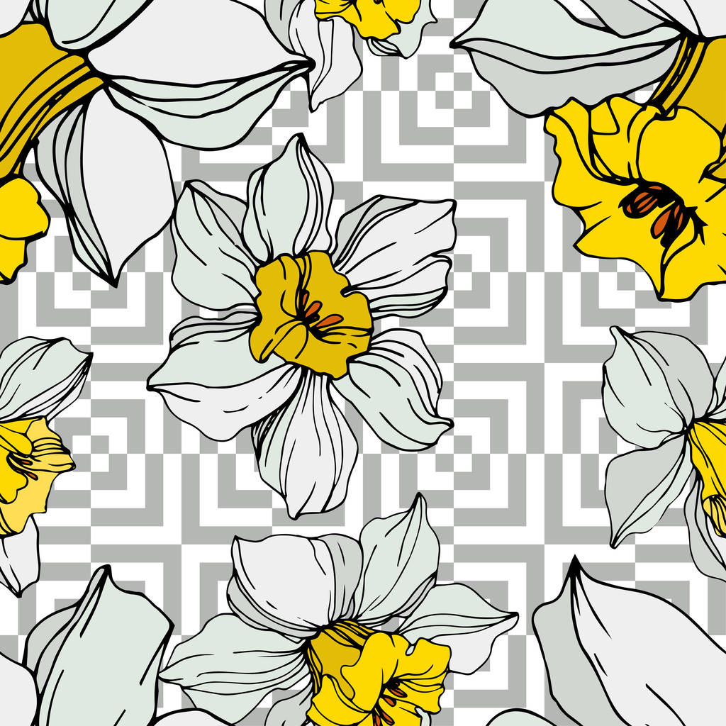 Vector narcissus witte en gele bloemen met groene bladeren. De kunst van het gegraveerde inkt op een witte achtergrond. Naadloze achtergrondpatroon.  - Vector, afbeelding