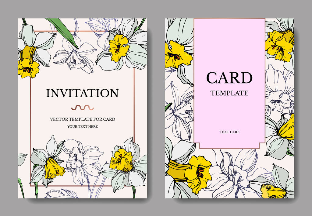 Vector elegantes tarjetas de invitación de boda con flores narcisas blancas ilustración. Arte de tinta grabada
.  - Vector, Imagen