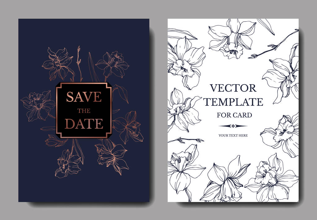 Vector elegantes tarjetas de invitación de boda con flores narcisas blancas ilustración. Arte de tinta grabada
.  - Vector, imagen