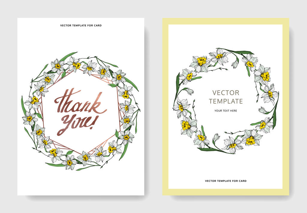 Vektor elegante Hochzeitseinladungskarten mit weißen Narzissenblüten Illustration. Tuschebilder.  - Vektor, Bild