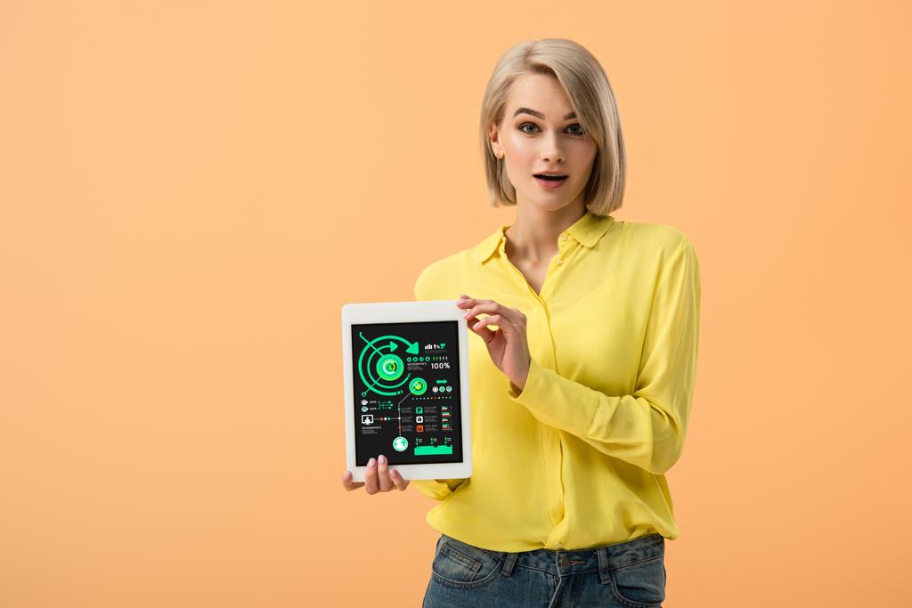 Удивлённая блондинка держит цифровой планшет с инфографическим приложением на экране, изолированным на оранжевом
 - Фото, изображение
