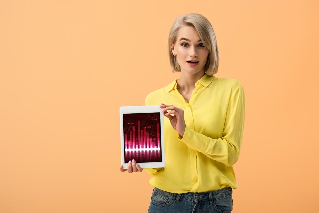 Verrast jonge vrouw met digitale tablet met trading app op scherm geïsoleerd op oranje - Foto, afbeelding