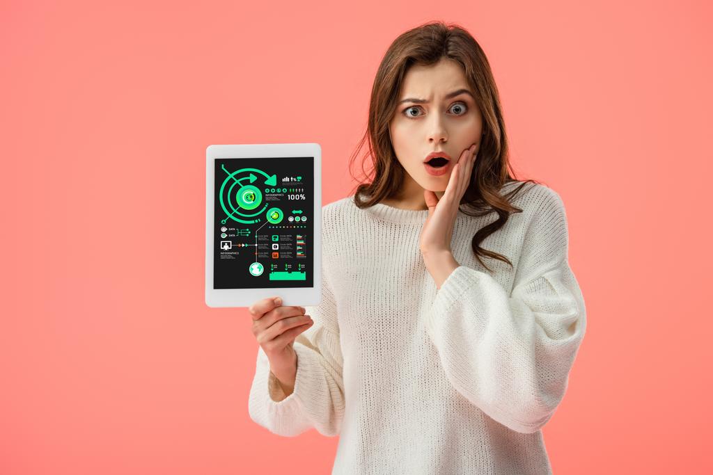 Dijital tablet pink izole ekranda grafikler ile tutan şok genç kadın   - Fotoğraf, Görsel