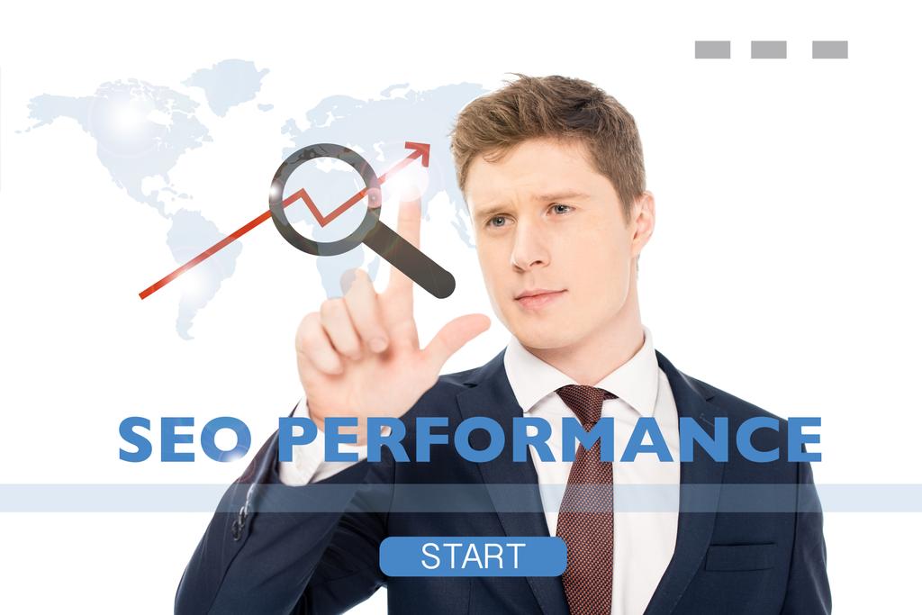 successful businessman in suit pointing with finger at seo performance illustration on white background - Photo, Image