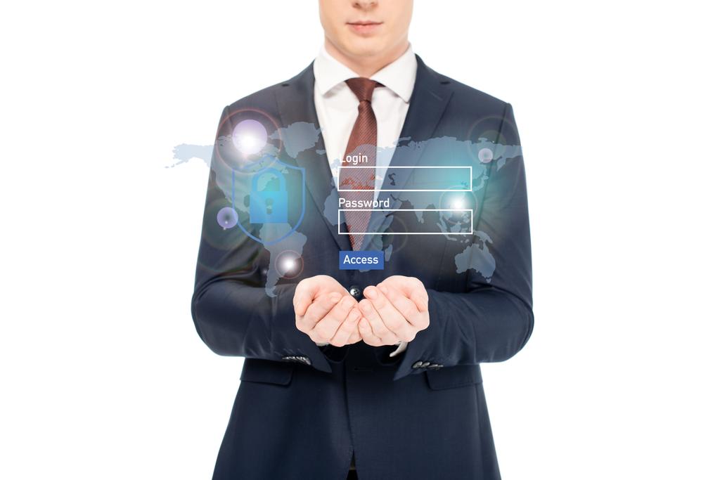 vista recortada de hombre de negocios en traje con las manos extendidas y la ilustración de seguridad de Internet arriba
 - Foto, Imagen