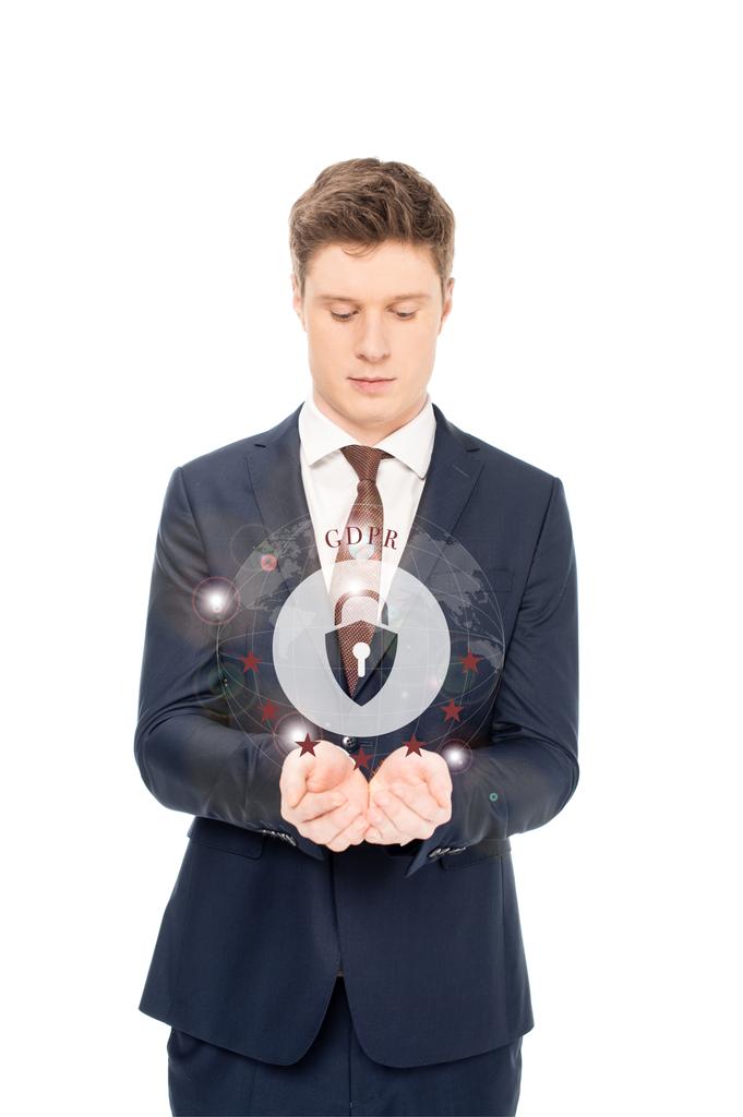 businessman in suit looking at outstretched hands with internet security icon and gbpr letters above isolated on white - Photo, Image
