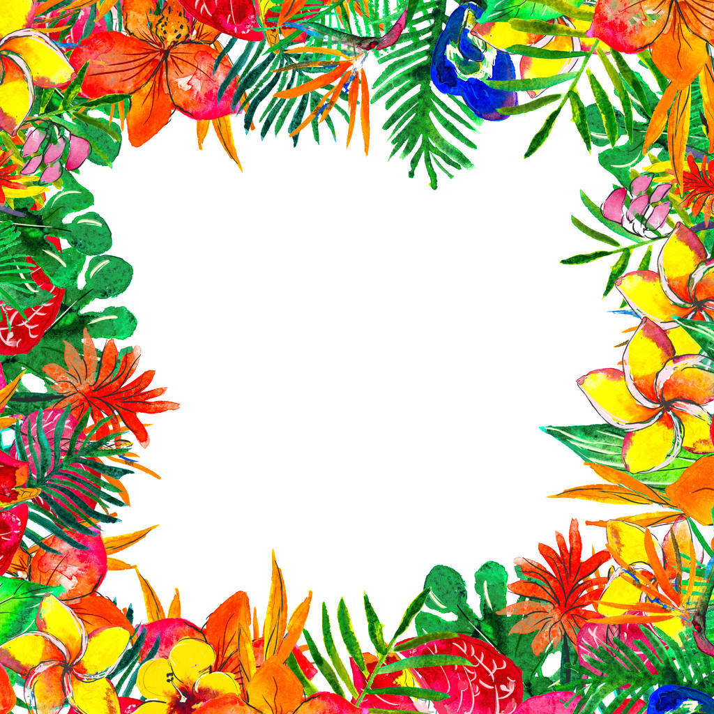 Watercolor Background with tropical plants and flowers - Photo, Image