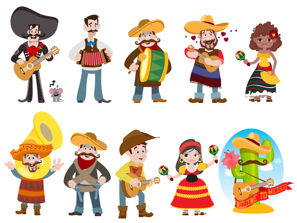 Eläköön Meksiko joukko hauskoja hahmoja sarjakuva tyyli
. - Vektori, kuva