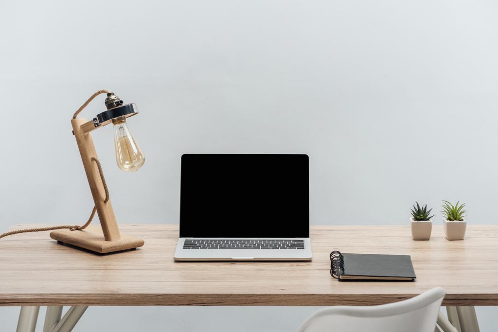 сучасне робоче місце з ноутбуком з порожнім екраном, рослинами, лампою та ноутбуком ізольовано на сірому
 - Фото, зображення