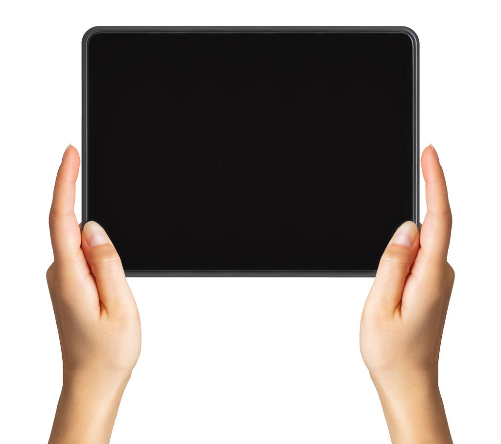Womens hand showing black tablet, concept of taking photo or selfie - Photo, Image
