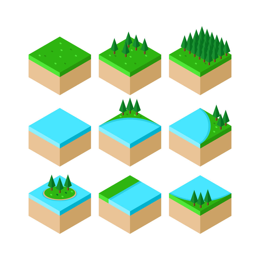 Izometryczne Las Krajobraz elementów kolekcji, 3d izometryczny płaskie ikony ustaw, kolorowe symbole pack zawiera - jezioro, trawy, świerk drzewa. Ilustracja wektorowa. Projekt płaski - Wektor, obraz