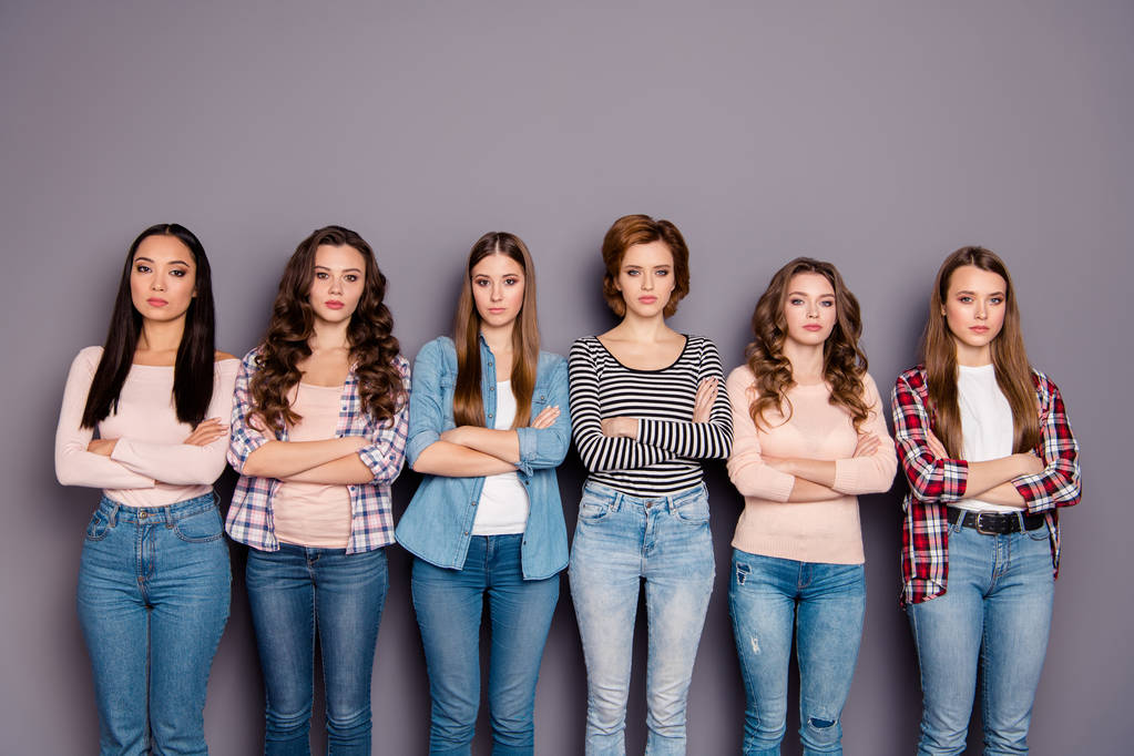 Close up photo beautiful she her six ladies skinny roommates sisters wait apologize boyfriend not satisfied mad wearing casual jeans denim checkered striped clothes outfit isolated grey background - Photo, Image