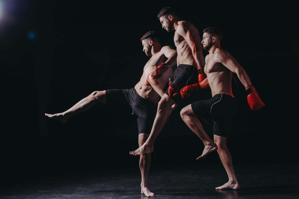 многократное воздействие сильного мускулистого боксера без рубашки в боксёрских перчатках, прыгающих и делающих удар
 - Фото, изображение