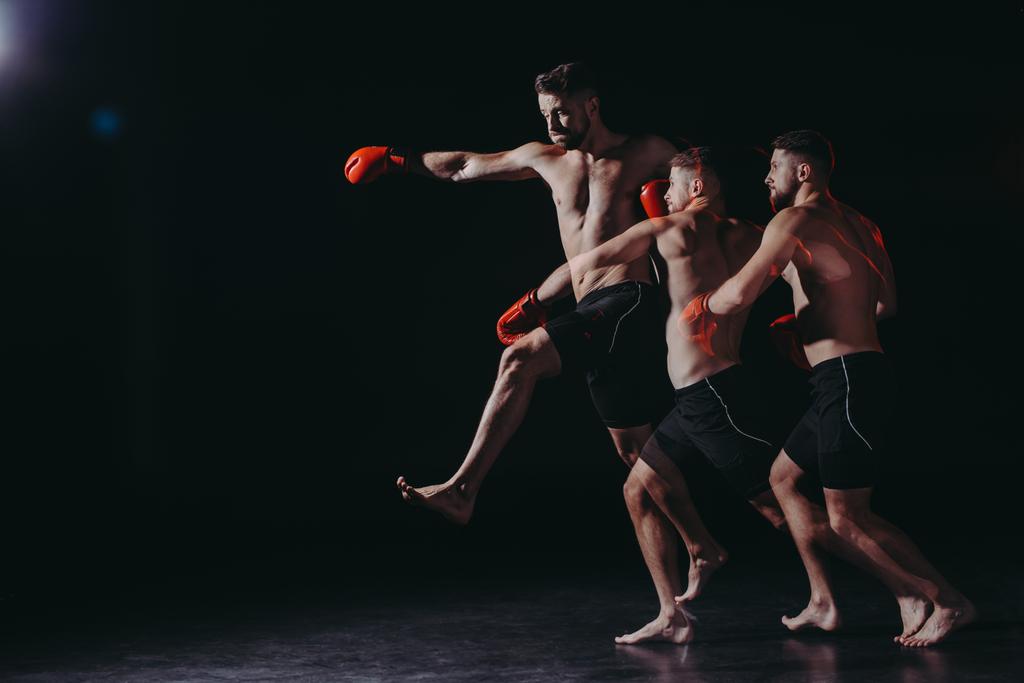 exposición múltiple de fuerte luchador mma muscular sin camisa en guantes de boxeo haciendo ponche en salto
 - Foto, Imagen