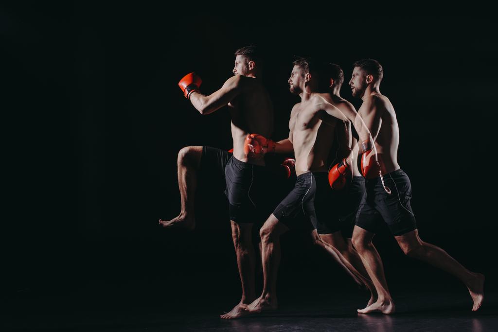 exposición múltiple de fuerte luchador mma muscular en guantes de boxeo haciendo patada en salto
 - Foto, imagen
