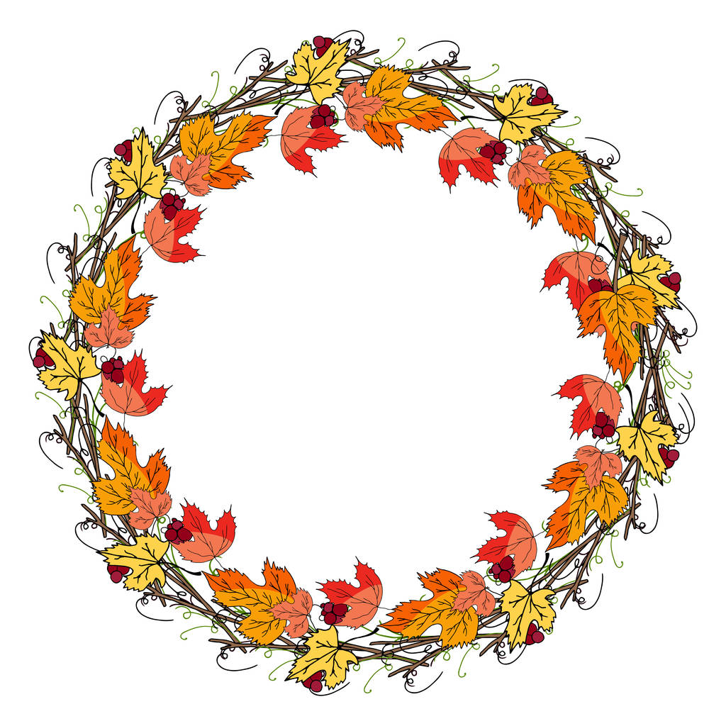 Wreath of hand drawn mountain ash and autumn leaves on a white b - Vector, Image