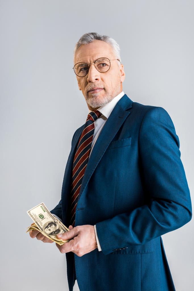szép érett üzletember, szemüveg és a dollár bankjegyek elszigetelt szürke gazdaság ruházat  - Fotó, kép