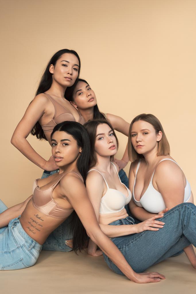 cinco mujeres multiculturales en pantalones vaqueros azules y sujetadores mirando a la cámara, concepto de positividad corporal
 - Foto, imagen