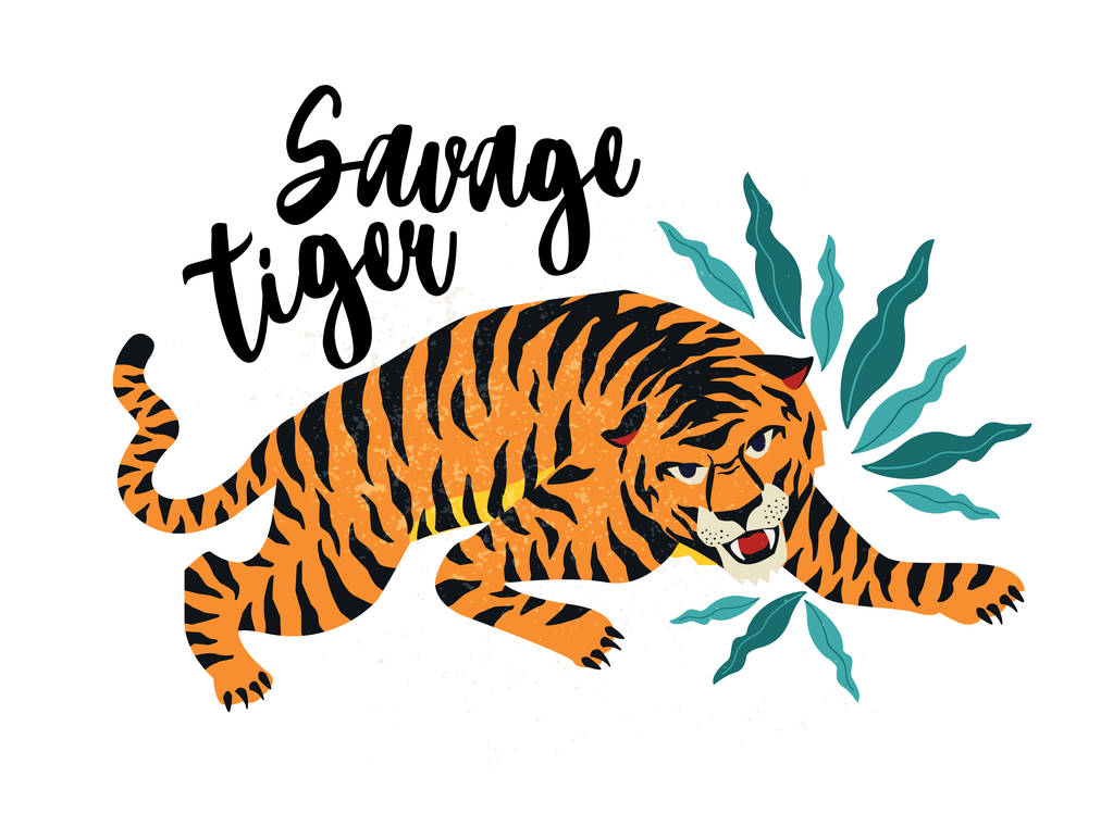 Woeste tijger. Vectorillustratie voor tiger met tropische bladeren. Trendy ontwerp voor een kaart, poster, tshirt. - Vector, afbeelding