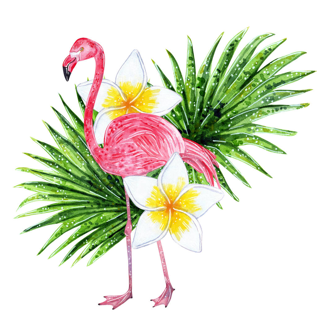 Yaprak, çiçek ve pembe flamingo tropikal kolaj. El suluboya resim çekilmiş. - Fotoğraf, Görsel