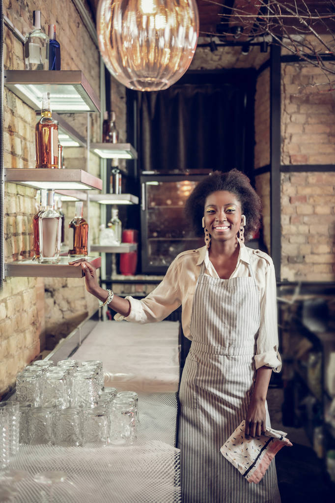 Promieniejący barman afro-amerykański holding półki wypełnione alkoholu - Zdjęcie, obraz