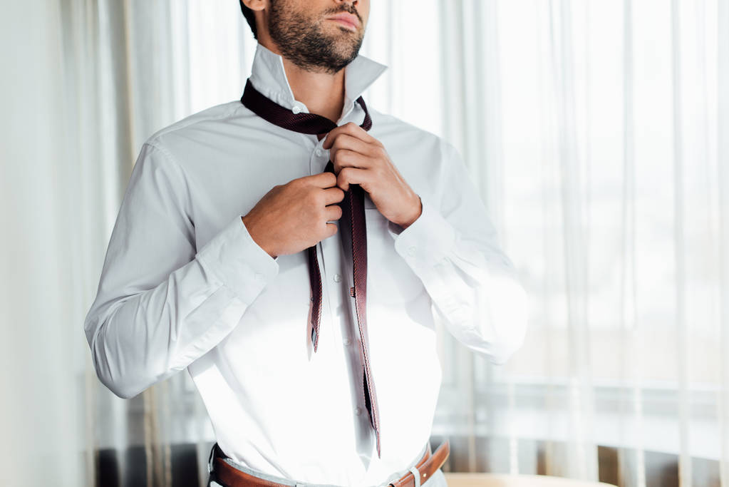 cropped view of bearded man touching tie while standing in hotel  - Photo, Image