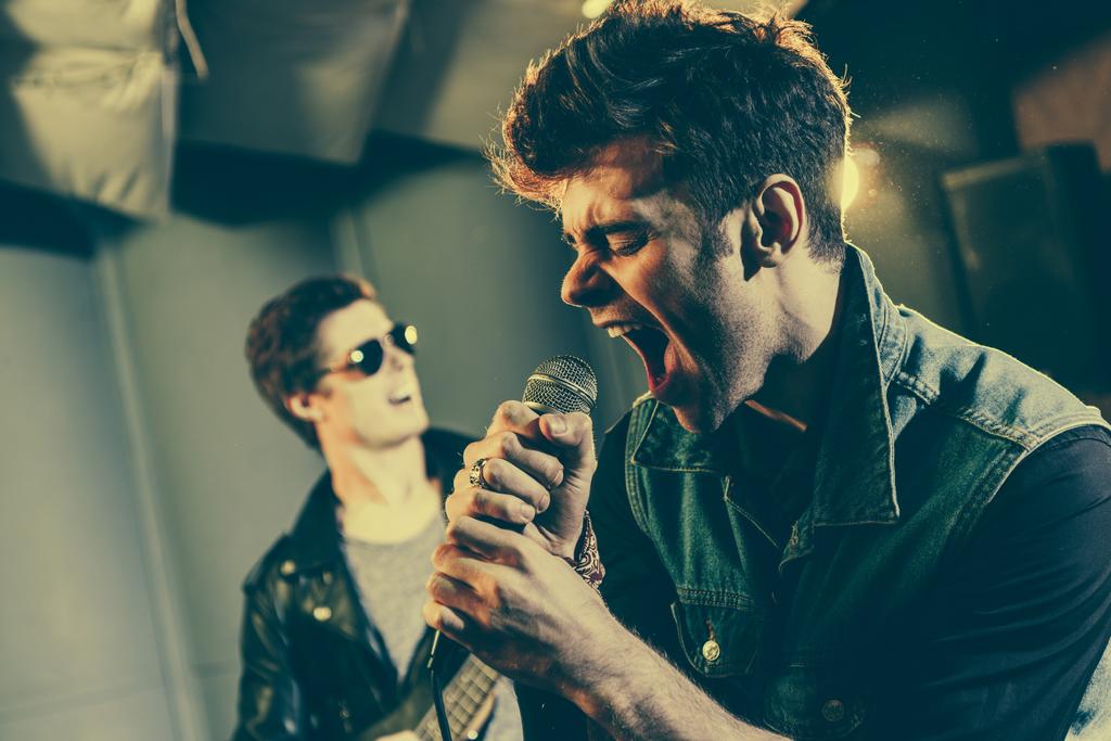 valikoiva painopiste tyylikäs laulaja laulaa mikrofonissa lähellä rock-yhtye
 - Valokuva, kuva