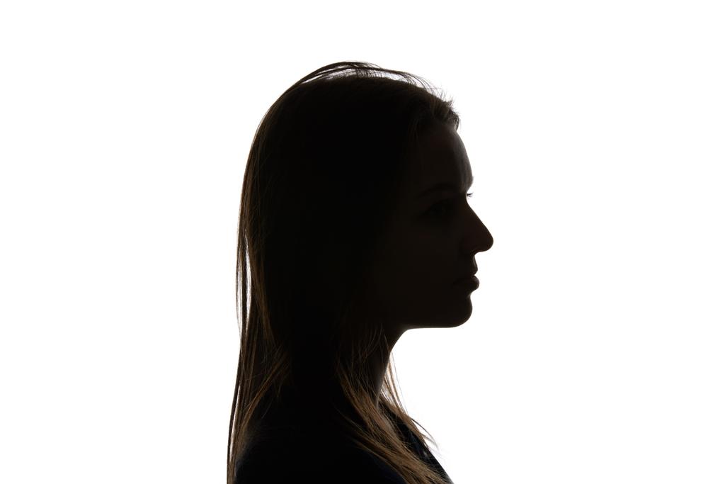 Sziluettje nő egyenes hajú izolált fehér - Fotó, kép