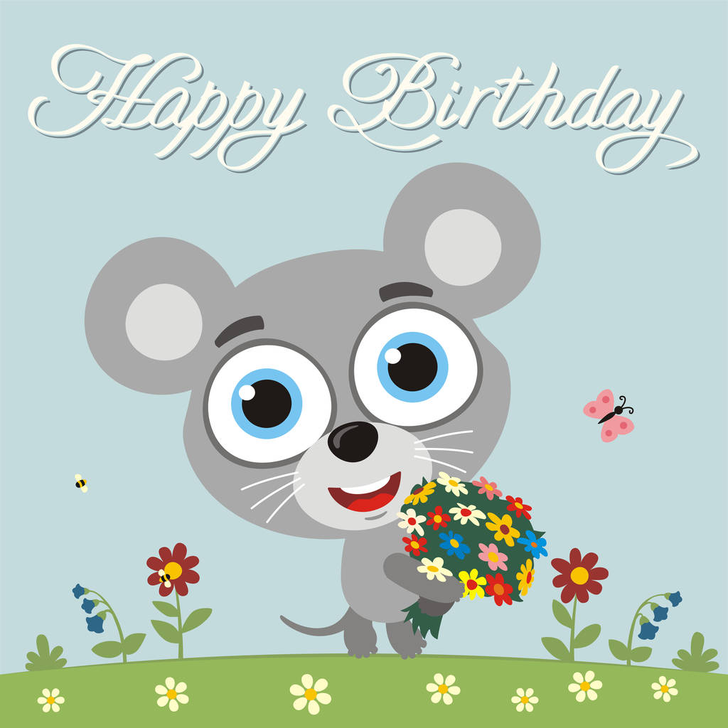 tarjeta de felicitación con lindo personaje divertido de dibujos animados del ratón con grandes ojos con ramo de flores en el prado y texto Feliz cumpleaños
 - Vector, Imagen