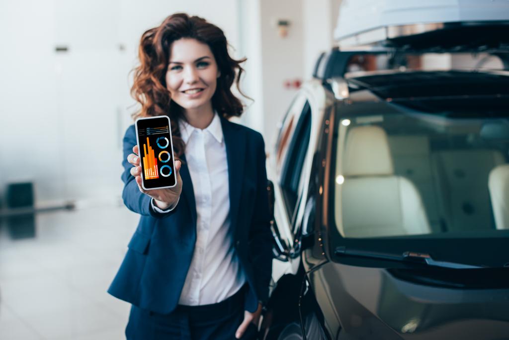 selective focus of smiling businesswoman holding smartphone with graphs and charts on screen and looking at camera - Photo, Image
