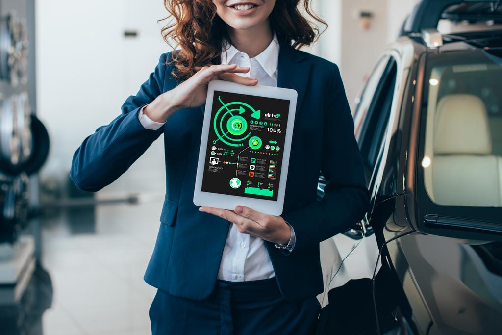 partial view of businesswoman holding digital tablet with graphs and charts on screen - Photo, Image