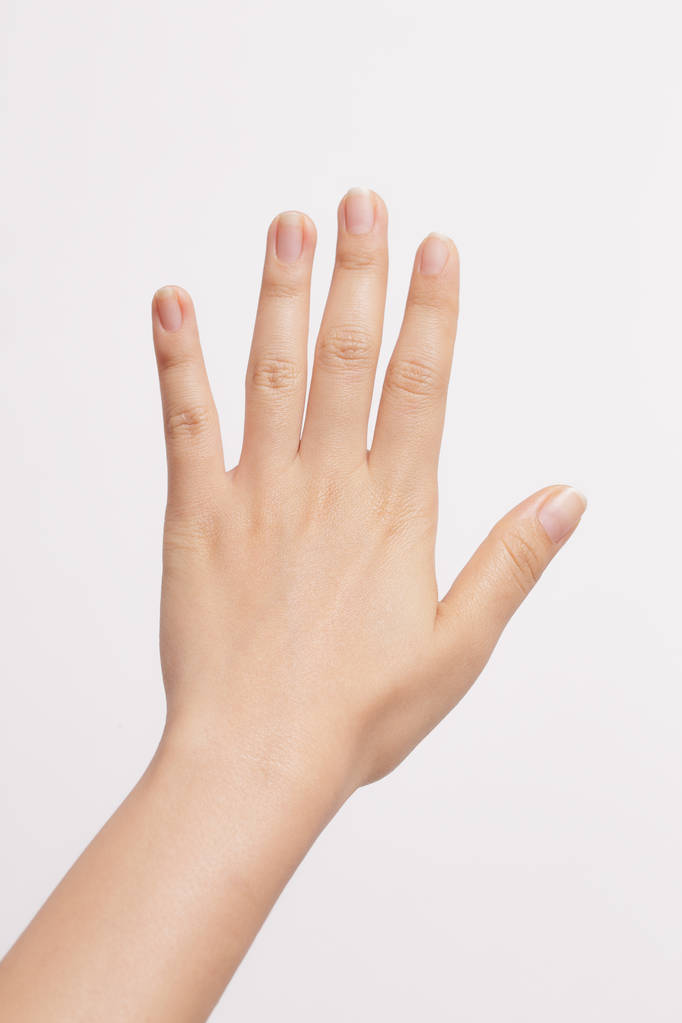 Рука женщины показывает пять пальцев на белом фоне
 - Фото, изображение