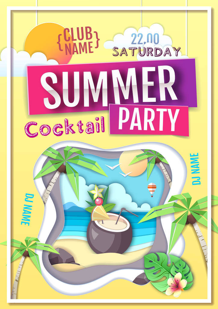 Disco nyári koktél party poszter. Papír kivágott art stílusú design - Vektor, kép