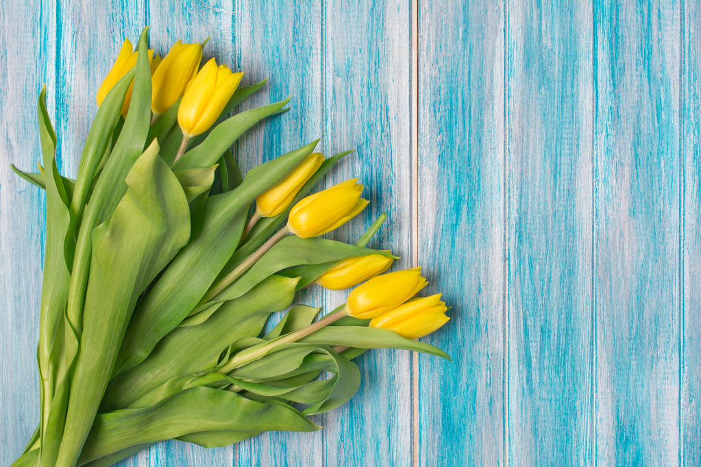 Mooie verse gele tulpen boeket op blauw - Foto, afbeelding