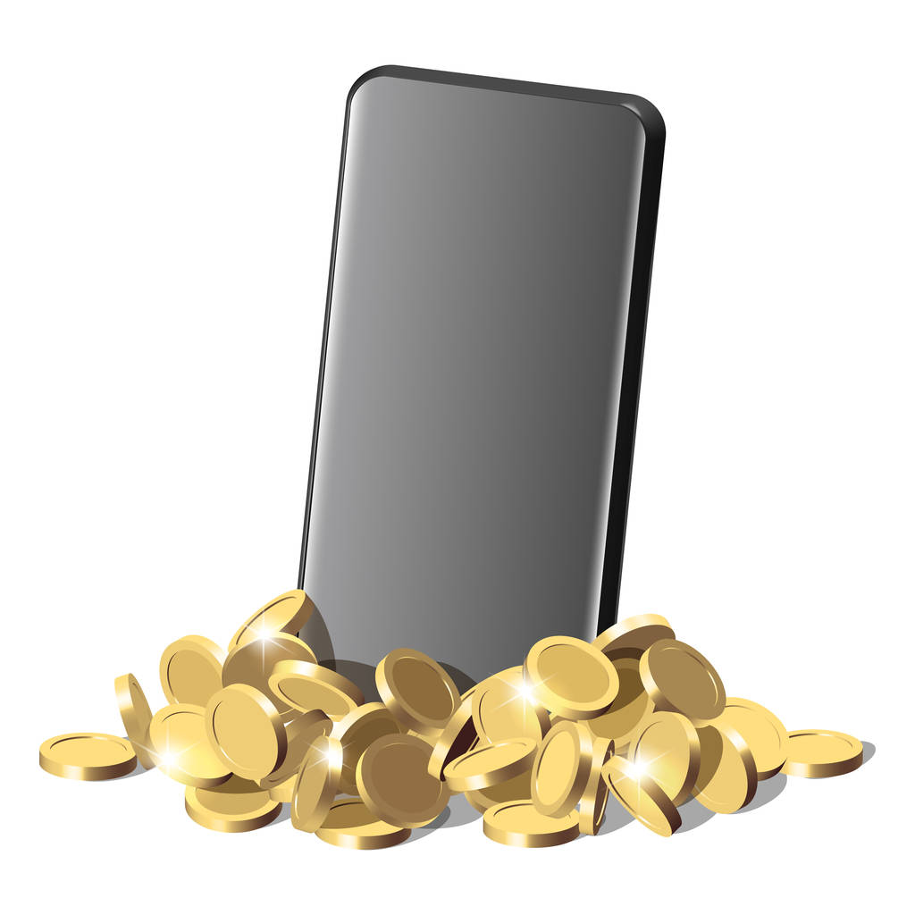 Moderni älypuhelin peitettynä kasaan hehkuvia kultakolikoita. Vektori realistinen esimerkki tehdä rahaa verkossa
. - Vektori, kuva