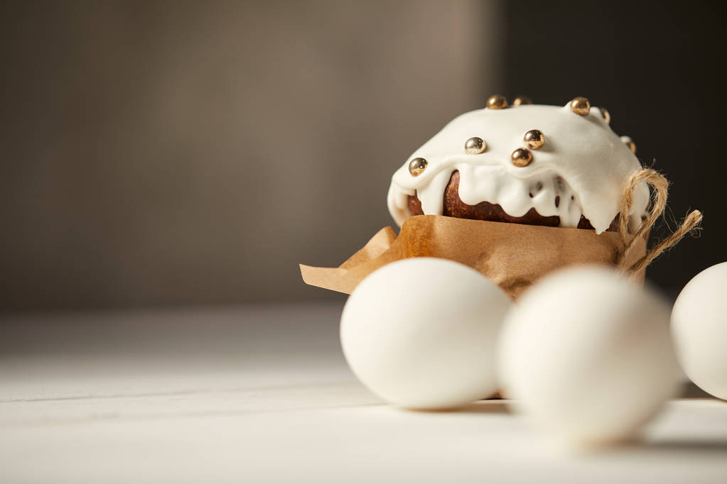 selective focus of delicious easter cake and chicken eggs with copy space - Photo, Image
