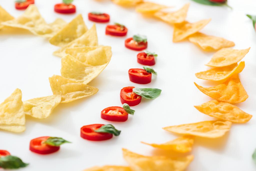 valikoiva painopiste maukkaita nachoja ja chiliä basilikalla valkoisella pohjalla
  - Valokuva, kuva