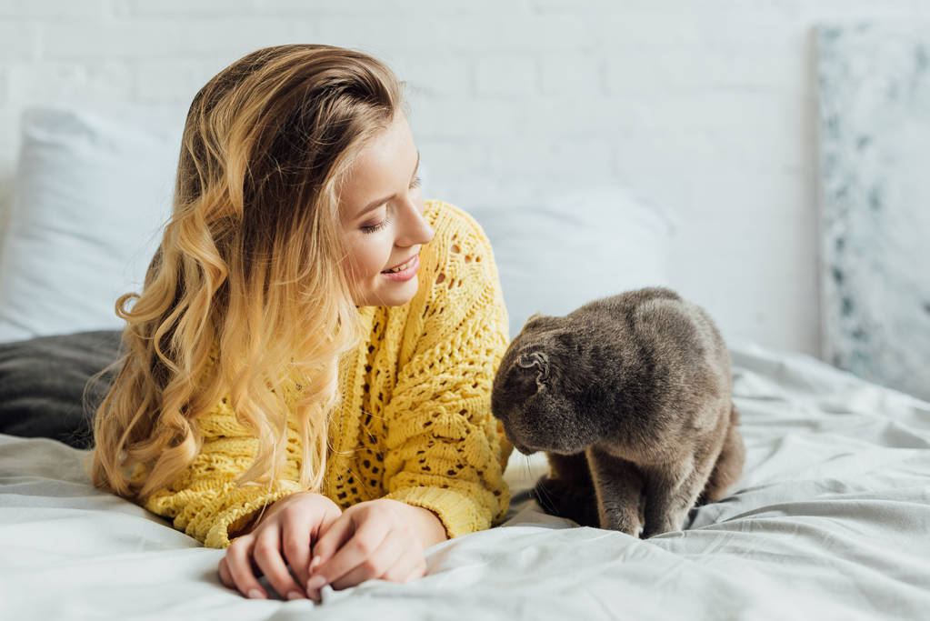 beautiful smiling blonde girl in knitted sweater lying in bed with scottish fold cat at home - Photo, Image