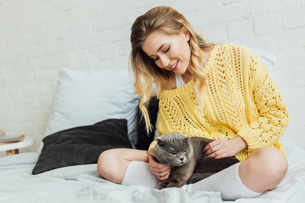 όμορφη χαμογελαστή κορίτσι σε πλεκτό πουλόβερ χαϊδεύοντας σκωτσέζικη διπλή γάτα ενώ κείτεται στο κρεβάτι στο σπίτι - Φωτογραφία, εικόνα