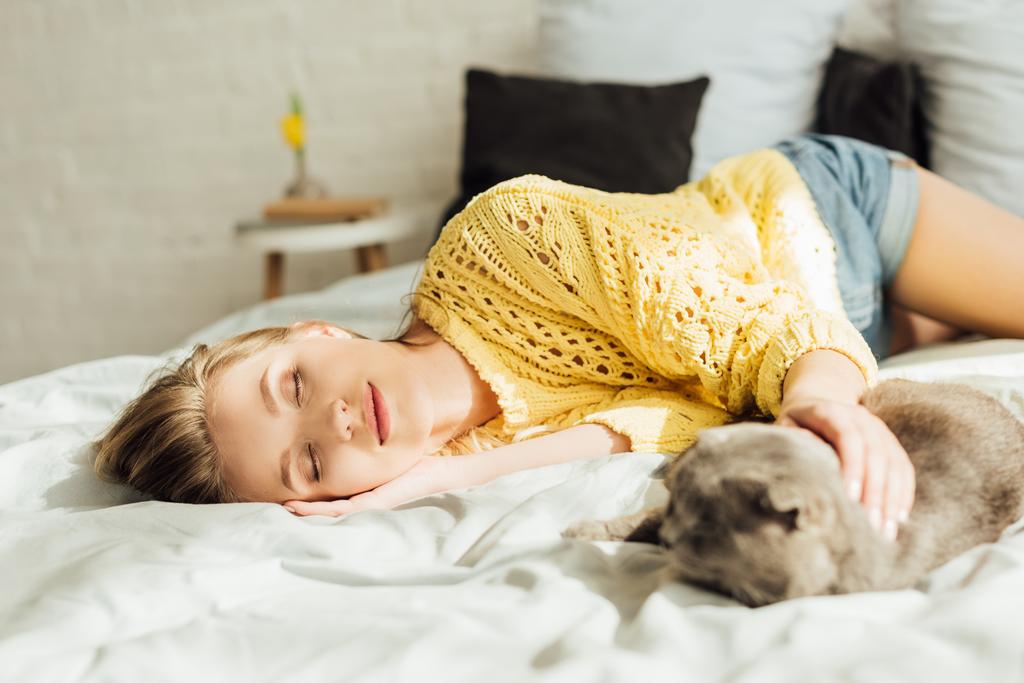 valikoiva painopiste kaunis nuori nainen nukkuu sängyssä scottish fold cat
 - Valokuva, kuva