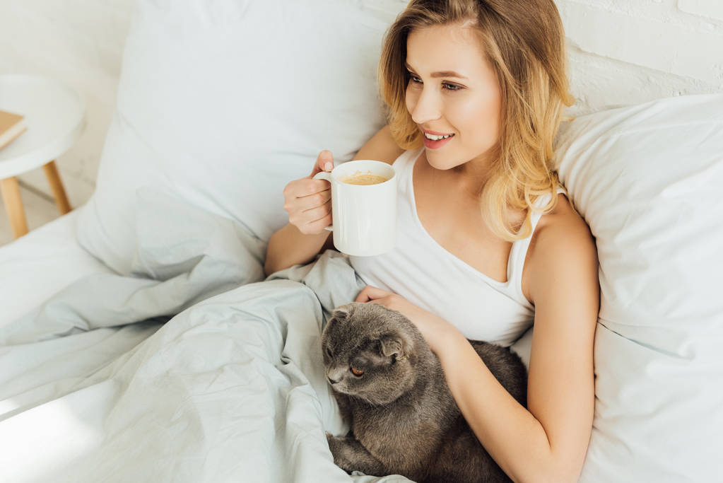 kaunis blondi nuori nainen kuppi kahvia makaa sängyssä ja silitti Scottish kertainen kissa
 - Valokuva, kuva