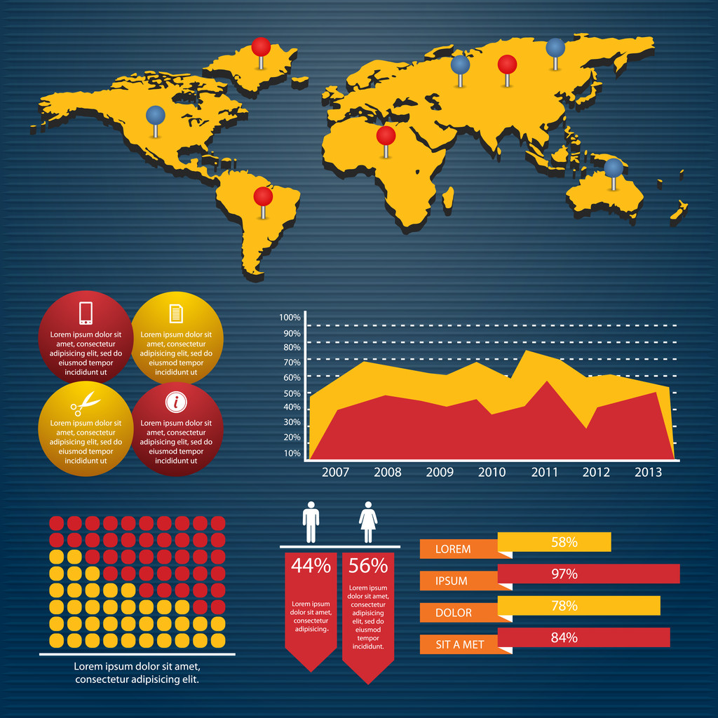 Retro zestaw infografik. Mapa świata i grafika informacyjna - Wektor, obraz