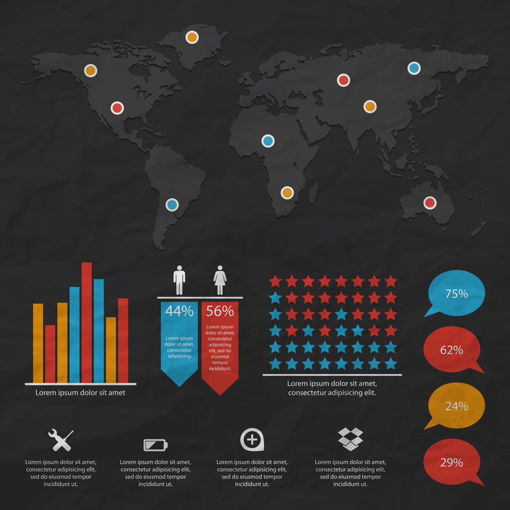 Σετ αναγραφής infographics. Παγκόσμιος χάρτης και γραφικά πληροφοριών - Διάνυσμα, εικόνα